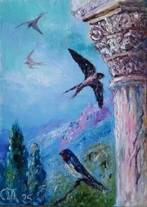 Quadro "Rondini". Olio su cartone. 5x7 inc. Fatto a mano. 2025. Senza cornice. - Foto 1 di 1