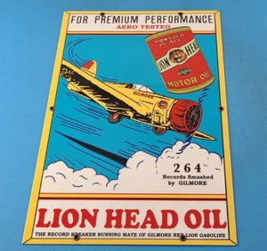 VINTAGE GILMORE LION HEAD MOTOR OIL PORCELAIN METAL 18" AIRPLANE GASOLINE SIGN - Picture 1 of 15
