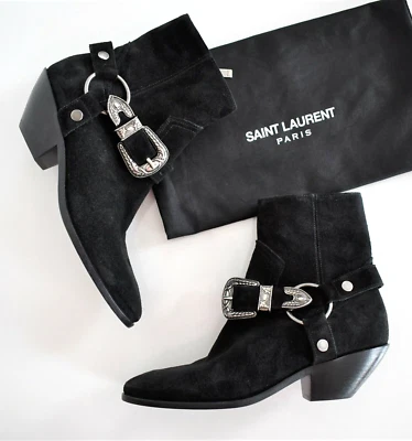 Nuevo Auténtico SAINT LAURENT Negro Gamuza ARNÉS OESTE Botas al Tobillo Occidentales EU-36 US-6 Foto 1 de 4