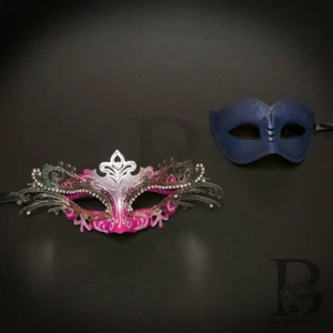 Couple's Masquerade Masks | Party Masks for Prom Hot Pink/Blue Theme - Picture 1 of 6