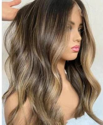 Peluca de cabello humano frontal de encaje Highlight rubia onda 13x4 para mujer Foto 1 de 4