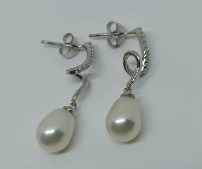 ORECCHINI IN ARGENTO 925 SPIRALE ZIRCONI E PERLA GOCCIA VERA (AMFO0462) - Immagine 1 di 3