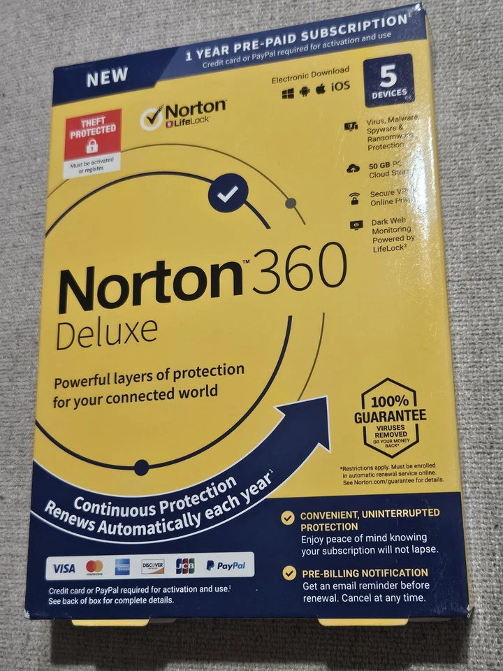 Norton 360 Deluxe para 5 dispositivos/1 año de protección antivirus sellada SELLADA Foto 1 de 4