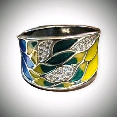 Anillo ancho de plata con hojas de bambú esmaltado boho para mujer 9 y 10 Foto 1 de 4