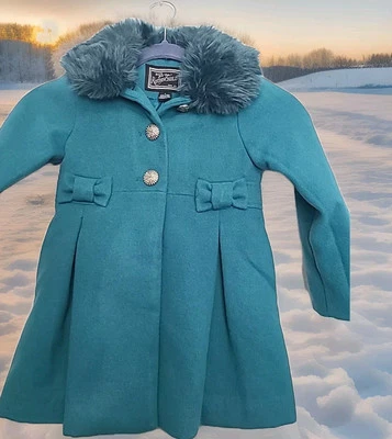 Rothschild Girls Size 4 Teal Holiday Coat Faux Fur New Tags Vintage 60 Style - Image 1 of 4