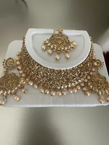 Indian Bollywood Gold Plated Kundan Choker Bridal Pakistani Necklace Jewelry Set - Picture 1 of 2