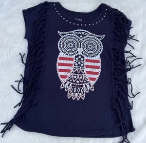 Girls Justice Fringe Top Owl Red White Blue Beaded Design Size 10 Hippie Boho - Picture 1 of 5