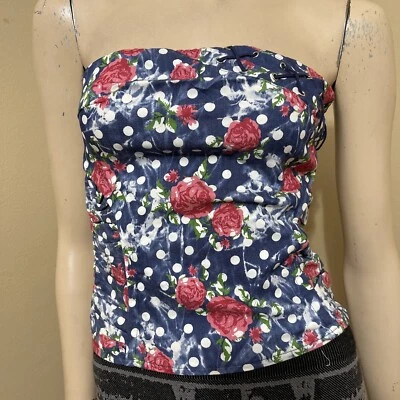 Top para mujer azul floral a lunares algodón denim abierto elástico ajustado cremallera talla S Foto 1 de 4