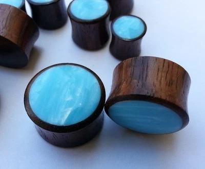 Pair Handmade Shiny Cloudy Blue Resin Sono Wood Saddle Ear Plugs Tunnels Gauges - Image 1 of 4
