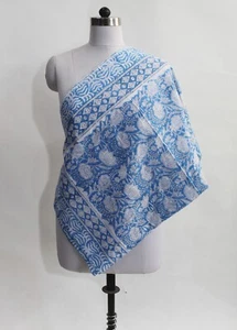 Indian Handmade Blue White Floral Hand Block Print Cotton Scarves Cotton Sarong - Picture 1 of 4