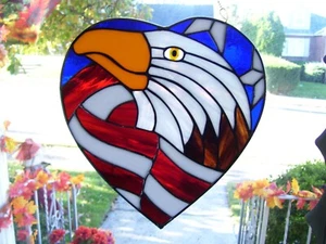 Stained Glass Eagle in a Heart (I Love America)Sun catcher (Real Glass) - Picture 1 of 7