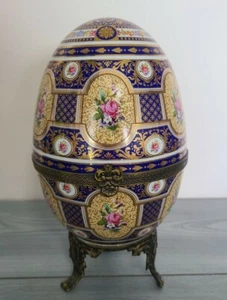 Vintage Limoges China Footed Porcelain Egg 10" Tall Blue Gold Rose Floral Rare - Picture 1 of 9
