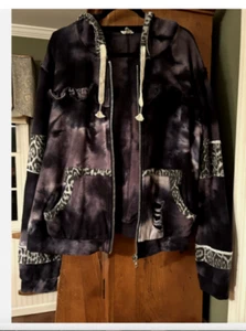 POL purple leopard tie dye hooded ruffle layed hem zip up sweatshirt Large EUC - Picture 1 of 9