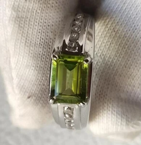 925 Sterling Silver Natural Peridot and White Topaz Handmade Men's Signet Ring - Picture 1 of 6