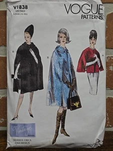 Vogue V1838 Misses S to XXL Lined Capes Reissue Circa 1963 Uncut Sewing Pattern - Picture 1 of 13
