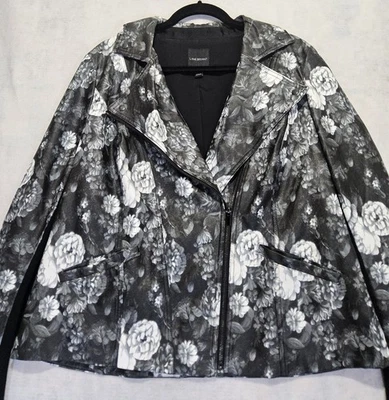 Lane Bryant Moto Jacket 14/16 L/XL Faux Leather Black White Floral Whimsigoth - Image 1 of 4
