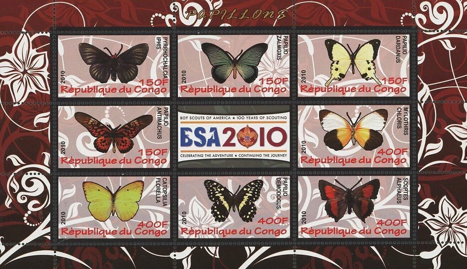 Butterfly Stamp Papipilo Xalmoxis Demodocus Souvenir Sheet of 9 Stamps MNH - Image 1 of 4