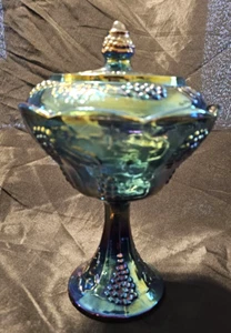 Vintage Iridescent Amethyst Carnival Glass Pedestal Candy Dish & Lid - Large 10" - Picture 1 of 8