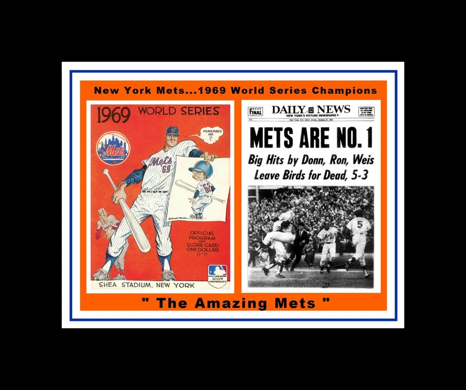 NEW YORK METS 1969 WORLD SERIES CHAMPS MATTED COLLAGE PIC NEWSPAPER @ PROGRAM #2 - Image 1 of 1