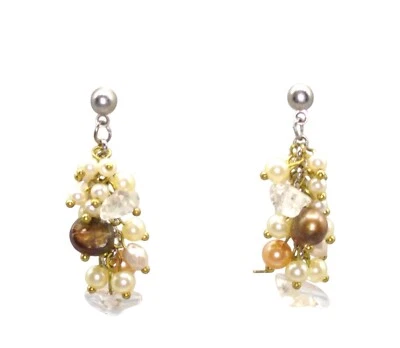 Pendientes Perlas y Cristales de Roca de Tahití, Elegante Racimo Neutro Cuelga Foto 1 de 3