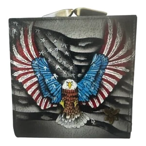 Anuschka Hand Painted Leather 2-Fold Organizer Wallet W/ Coin Pocket-Brave Eagle - Picture 1 of 5