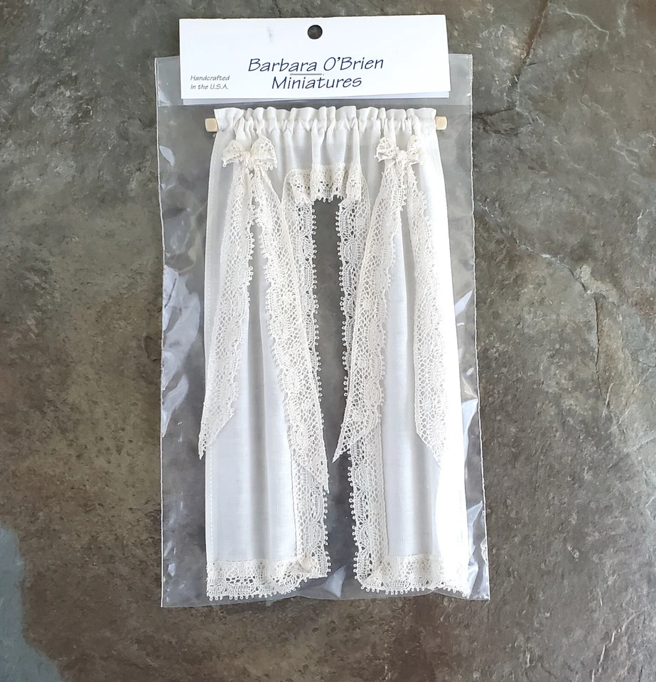 Dollhouse Curtains Fabric & Lace Cream With Curtain Rod 1 12 Scale Miniatures