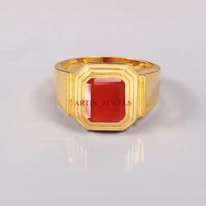 Natural Red Onyx Gemstone with Gold Plated 925 Sterling Silver Men's Ring #5681 - Picture 1 of 4