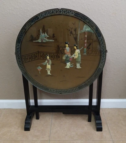 Vintage Glass Top Asian Fold A Way Table 24" Round Cover