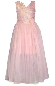 NEW Bonnie Jean Girls Size 14 PINK EMBELLISHED MESH Flower Waist Ballgown Dress - Picture 1 of 3