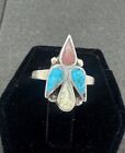 Sterling Silver Vintage Inlay Thunderbird Ring Native Size 5 MOP Coral Turquoise