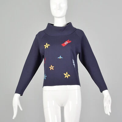 S 1960s Navy Sweater Novelty Flower Embroidery Italian Wool Funnel Neck 60s VTG - Image 1 of 4