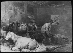 HORSES IN A STABLE BY GEORGE MORLAND C1890 Magic Lantern Slide - Picture 1 of 5