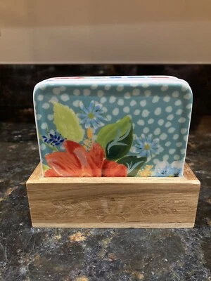 The Pioneer Woman Ceramic Tile Coaster Set With Wood Holder ~ Flowers Preowned Foto 1 de 4