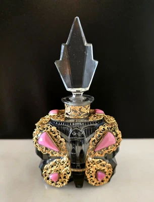 Vintage Antique Perfume Bottle Czech LARGE Jeweled Filigree Butterfly 1930's WOW - Image 1 of 4
