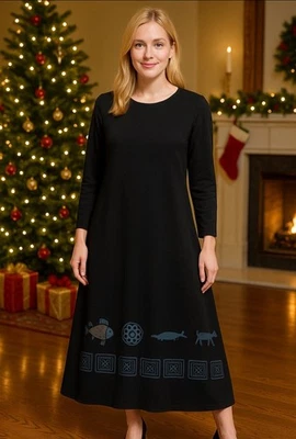 Vintage 90s Y2K Womens Velour Black Maxi Dress 2X Folk Art Animal Print unique - Image 1 of 4