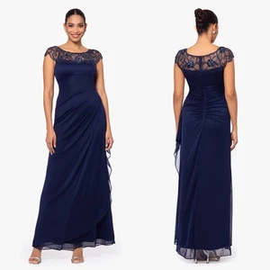 Robe formelle neuve avec étiquette Xscape taille 16P bleu cora transparent mat froncé côté perles - Photo 1 sur 8