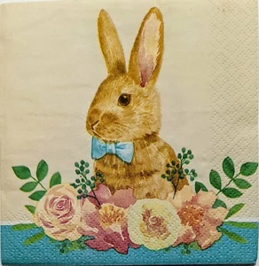 2 Individual Paper Cocktail Decoupage Napkins- 1815 Easter Bunny in Flower Patch - Picture 1 of 2