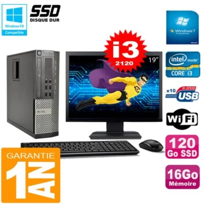 PC DELL 990 SFF Core I3-2120 RAM 16Go Disco 120Go SSD DVD Wifi W7 Pantalla 19" - Imagen 1 de 4