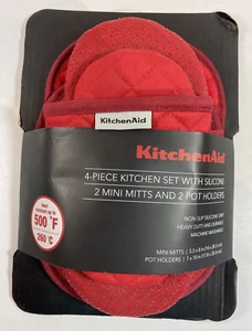 Kitchenaid 4-Piece Potholder Set 2 Mini Mitts & 2 Pot Holders Red w/Silicone NIP - Picture 1 of 3