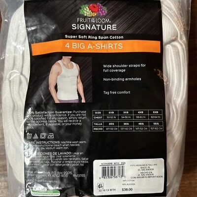 Men's Big & Tall Fruit of the Loom Signature 100% Cotton 4 Pk A-Shirts Size 2XB - Image 1 of 2