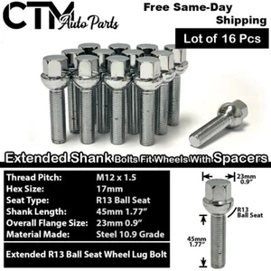 16x Chrome 12x1.5 Ball Seat Lug Bolts 45mm Shank Audi VW Smart w/ 15-20mm Spacer - Picture 1 of 5