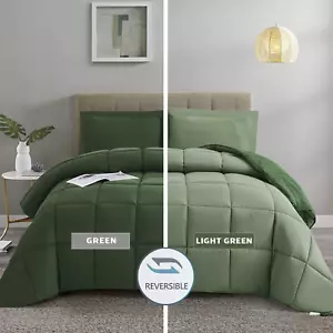 HIG 3Pc Green Queen Size Comforter Set - All Season Reversible down Alternative - Picture 1 of 8