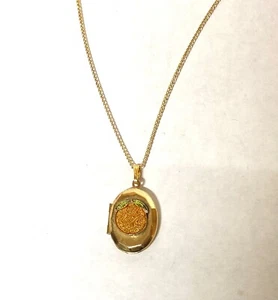 GOLD PLATED LG OVAL PICTURE LOCKET PENDANT & 16" CHAIN NECKLACE- orange fruit - Picture 1 of 4