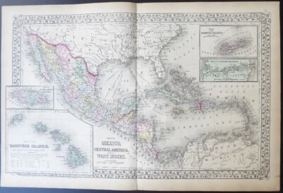 1873 Mitchell's Atlas Mapa Original #55 México América Central Índias Ocidentais Havaí - Imagem 1 de 3