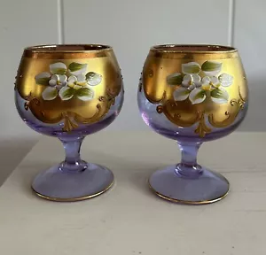 Venetian Pair Cordial/Brandy Glasses - Amethyst W/ Gold Overlay & Raised Enamel - Picture 1 of 6