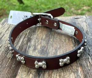 Top Paw Brown Leather Dog Collar Metal Bone Studded Sz Large 17-21 in (2 Avail.) - Picture 1 of 15