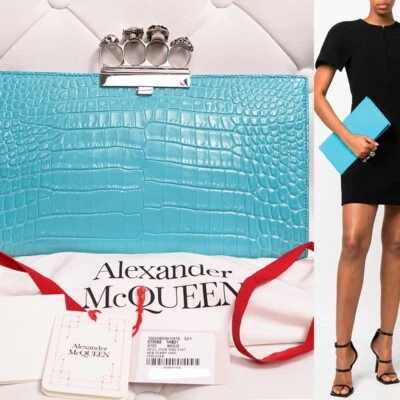 NEW $2290 ALEXANDER MCQUEEN cerulean Blue SILVER JEWEL KNUCKLE 4 Ring SKULL BAG - Image 1 of 4