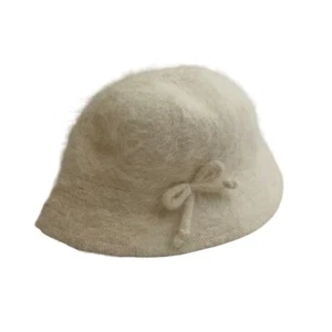 #6827 Off White Angora Wool synthetic blend Cap Hat with bow 8 inch circumferen - Picture 1 of 4