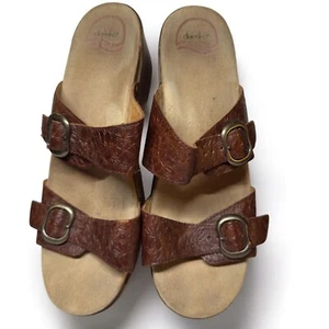 Dansko Sandals Women’s Size 41 Sophie Slide Wedge Brown Leather Floral Embossed - Picture 1 of 11