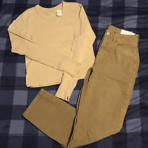 NWT LOT AE CORDUROY PANTS AERIE L/S Tshirt Gold Tan Khaki 2 Reg S Mom Jeans Pant - Picture 1 of 11